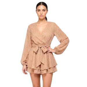 Japna Women Small Tan Animal Print Long Sleeve V Neck Tiered Ruffle Mini Romper